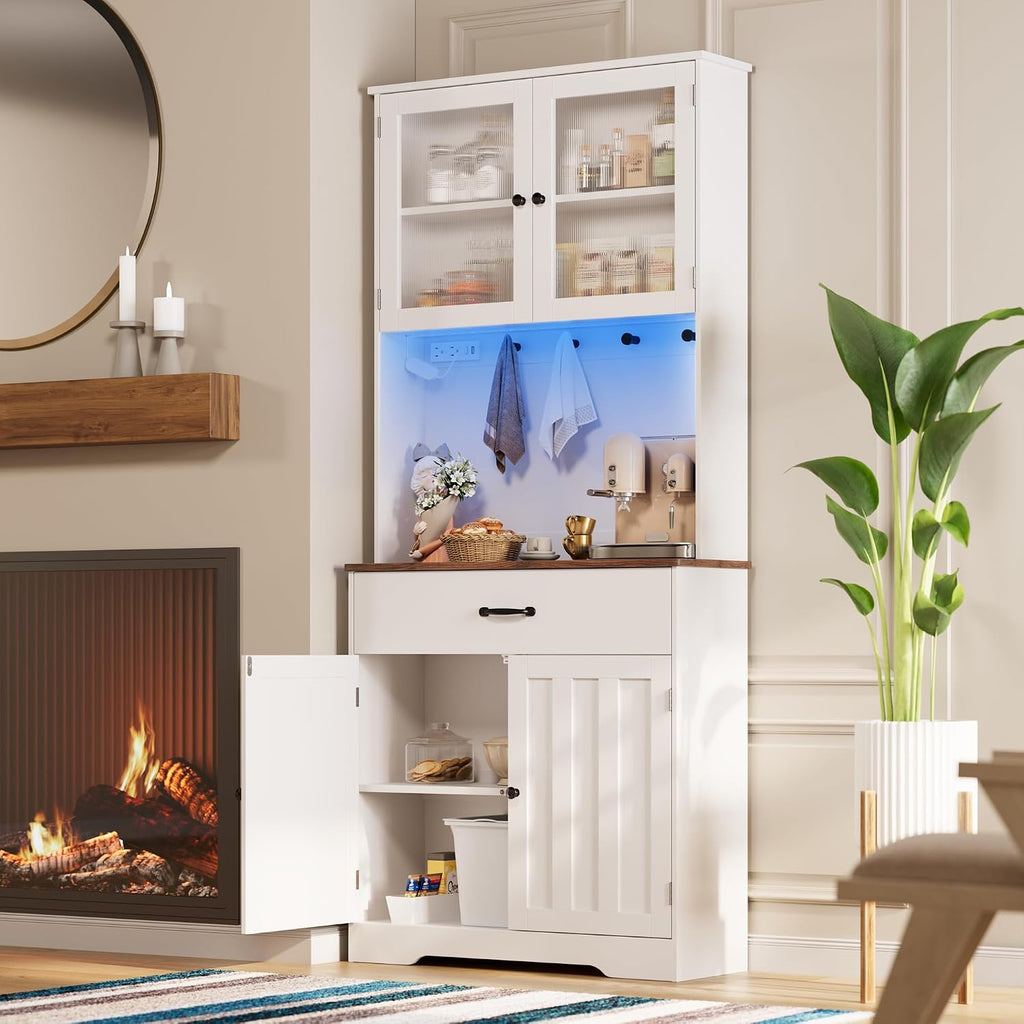 Gizoon 71" H Pantry Cabinet with Strip Light, Drawers | Coffee Bar with Doors, White Kitchen Hutch with Charging Station and Adjustable Shelves, for Dining Room, Table Top-Retro