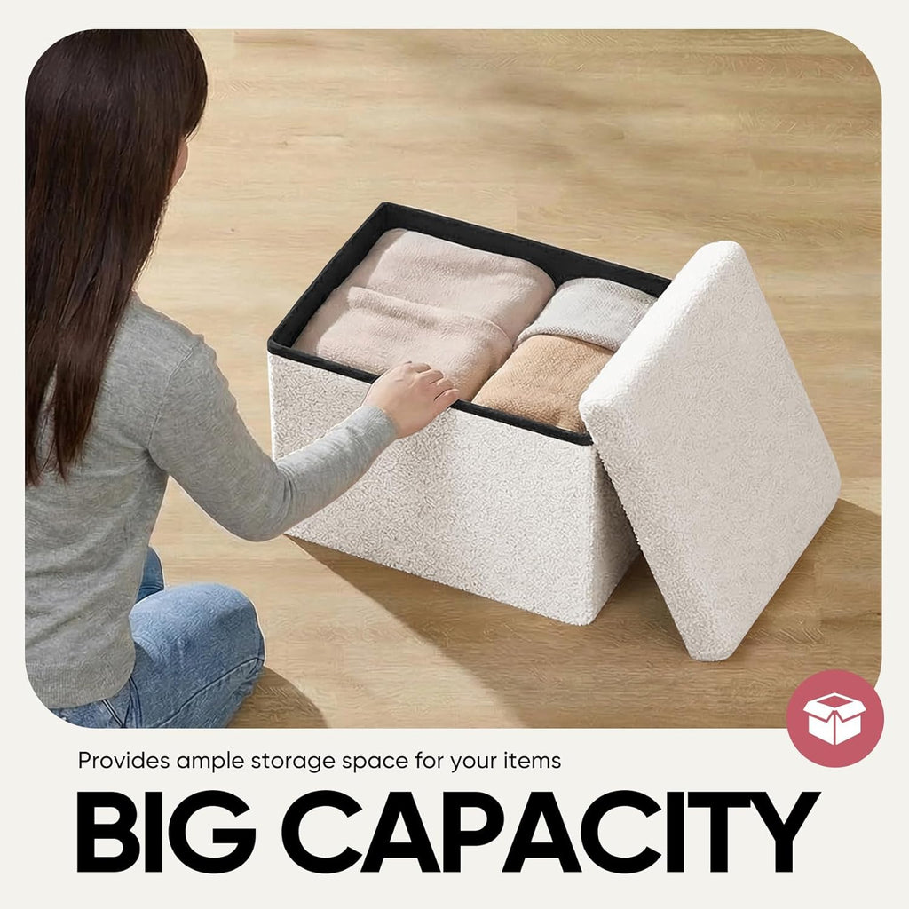 16.5in Small Storage Ottoman Foldable Sherpa Top Storage Bench,Foot Rest/Step Stool for Bedroom Dorm Entryway, Space Saving for Small Spaces- White