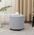 Adeco Round Storage Ottoman with Wheels, Tufted Linen Upholstered Rolling Footstool & Foot Rest for Living Room, Bedroom, Light Gray, 17.3 Inch