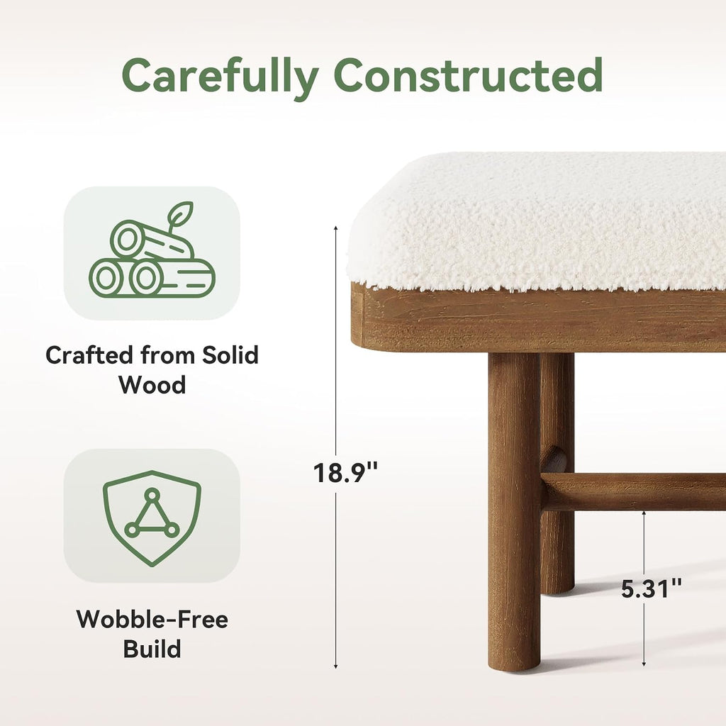 55-Inch Solid Wood Entryway Bench, Rustic Upholstered Bench, Modern Dining Bench with Cushion for Entryway, Dining Room, Mudroom, Porch, Easy Assembly, White & Brown