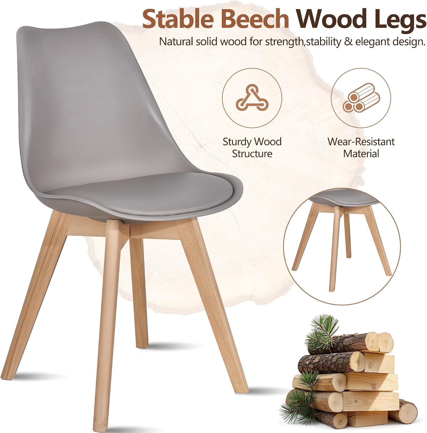 VECELO Dining Chairs Set of 4, Mid-Century Modern Kitchen & Dining Room Chairs, PU Leather Upholstered Seat, Solid Wood Legs, Armless, Non-Slip Feet, Grey