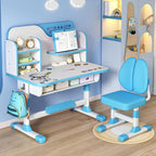 Upgraded Kid's Desk and Chair Set, Adjustable Children's Study Table with Bookshelf and Storage Drawer, 50-Degree Tiltable Desktop with Chair for Bedroom (Blue1 111cm)