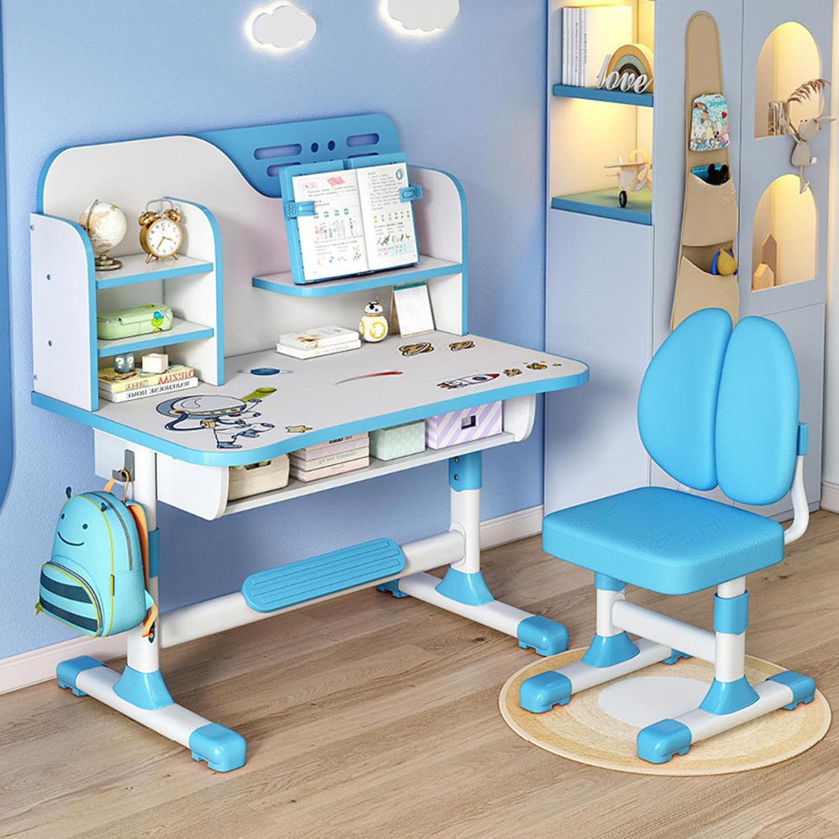 Upgraded Kid's Desk and Chair Set, Adjustable Children's Study Table with Bookshelf and Storage Drawer, 50-Degree Tiltable Desktop with Chair for Bedroom (Blue1 111cm)