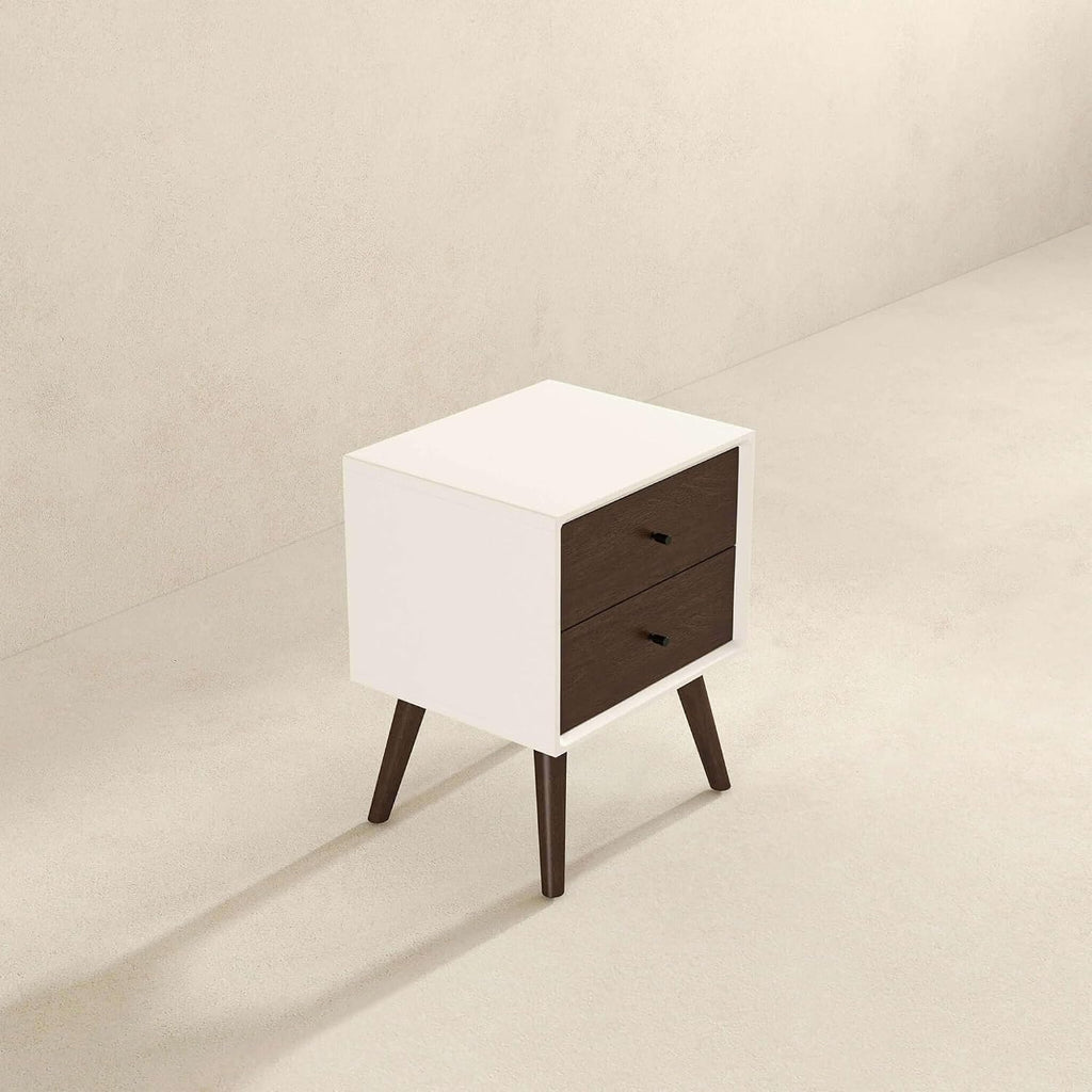 Mid Century Modern Style 2-Drawer White Night Stand Solid Wood 23.6" H,for Small Spaces