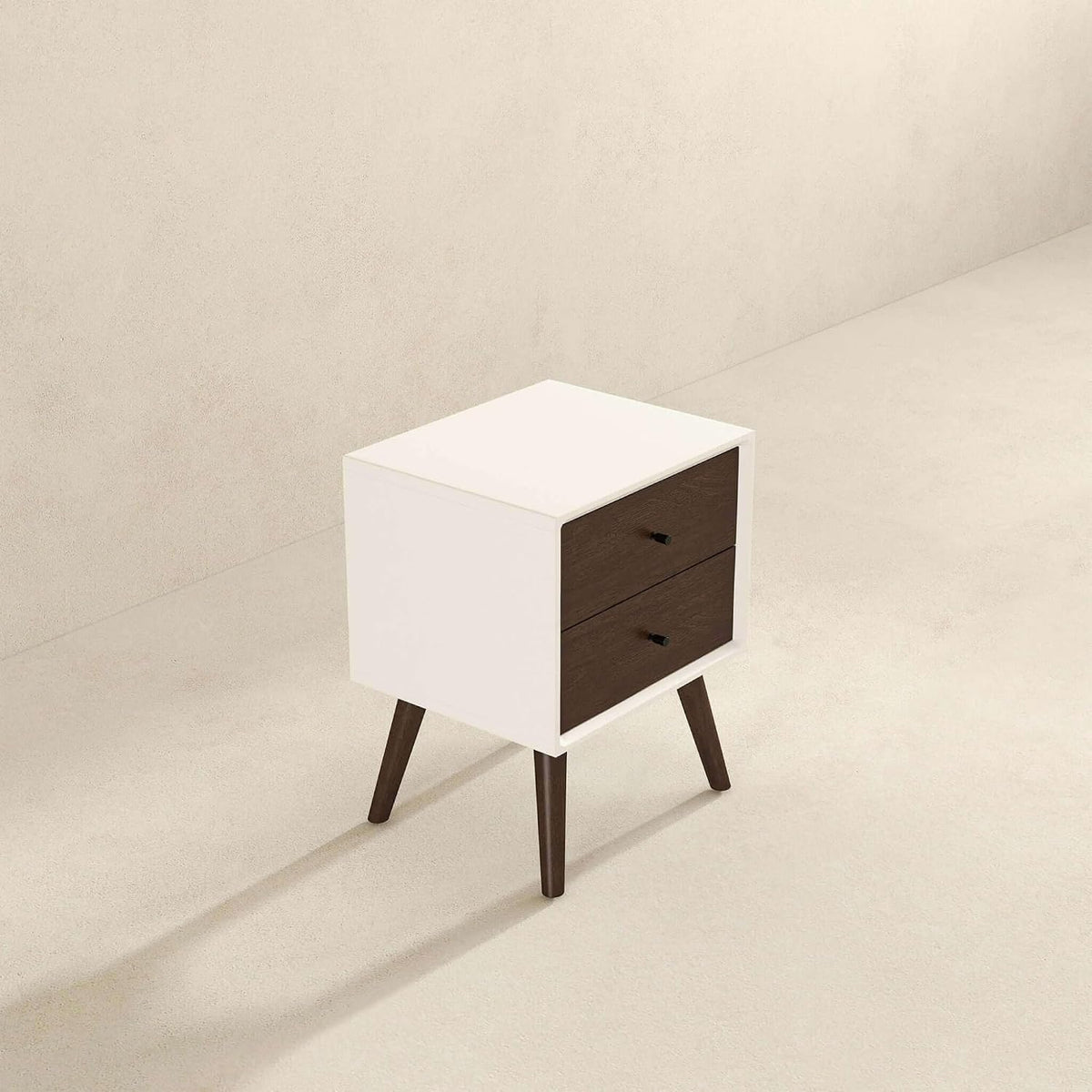 Mid Century Modern Style 2-Drawer White Night Stand Solid Wood 23.6" H,for Small Spaces