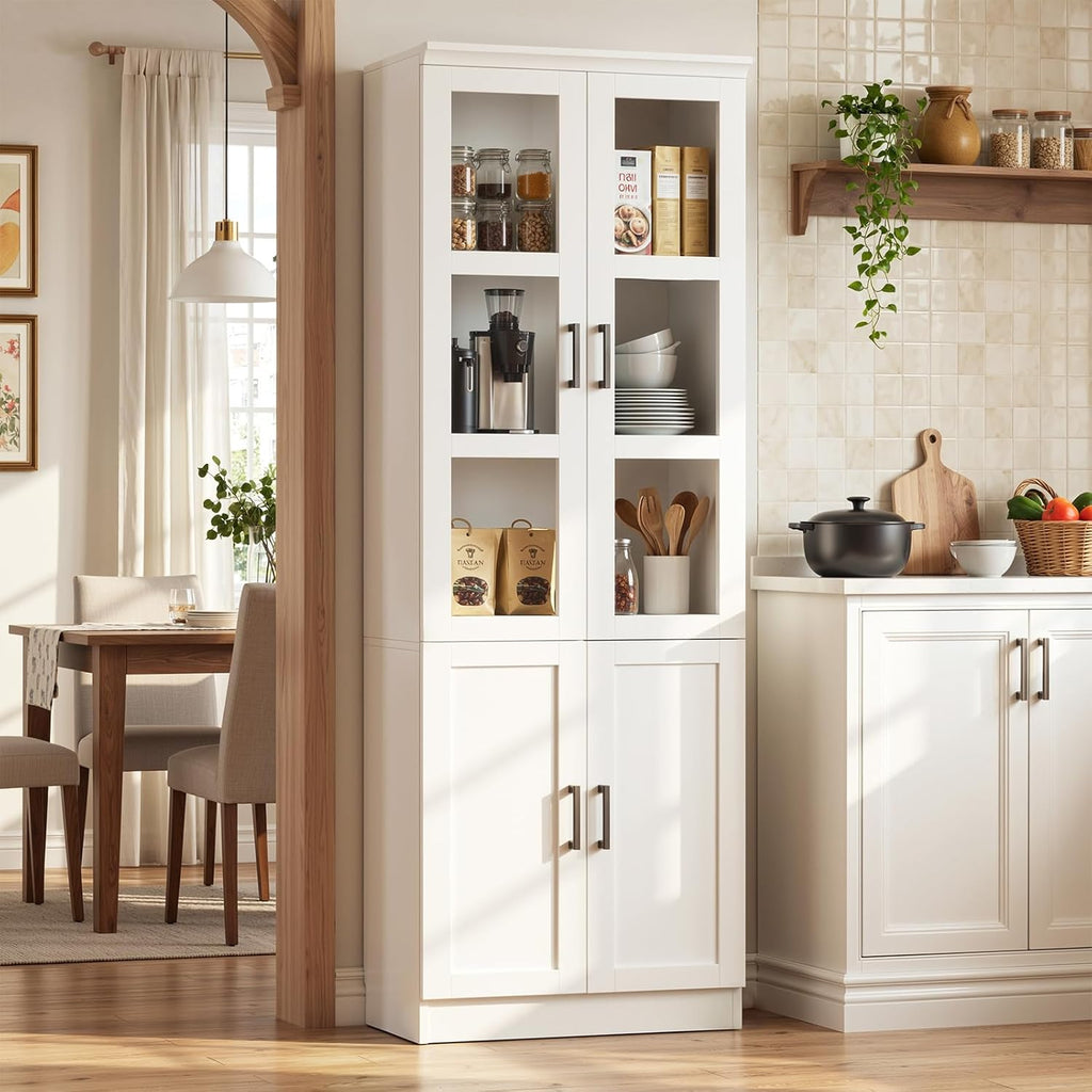 Unikito 79.7" Tall Kitchen Pantry Storage Cabinet, Freestanding Kitchen Hutch Cabinet with Tempered Glass Doors, Modern Display Bookcase with Adjustable Shelves for Living Room, Dining Room, White