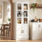 Unikito 79.7" Tall Kitchen Pantry Storage Cabinet, Freestanding Kitchen Hutch Cabinet with Tempered Glass Doors, Modern Display Bookcase with Adjustable Shelves for Living Room, Dining Room, White