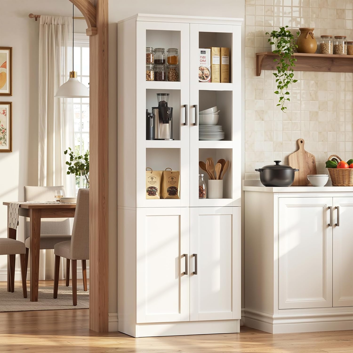 Unikito 79.7" Tall Kitchen Pantry Storage Cabinet, Freestanding Kitchen Hutch Cabinet with Tempered Glass Doors, Modern Display Bookcase with Adjustable Shelves for Living Room, Dining Room, White