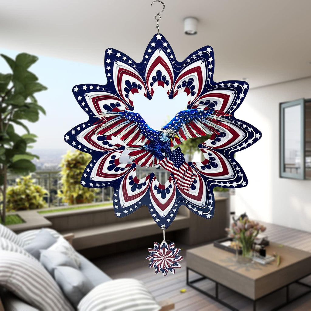 Eagle Wind Spinners for Yard and Garden,Wind Spinner Hanging,3D Metal Wind Catchers,12in American Flag Kinetic Spinner,Fourth of July Independence Day Party Decorations for Indoor Outdoor(Round)
