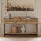 SICOTAS 60" Rattan Console Table for Entryway - Farmhouse Entry Table Sofa Table with 3 Drawers, Narrow TV Console Table with Storage for Living Room, Hallway, Couch, Foyer