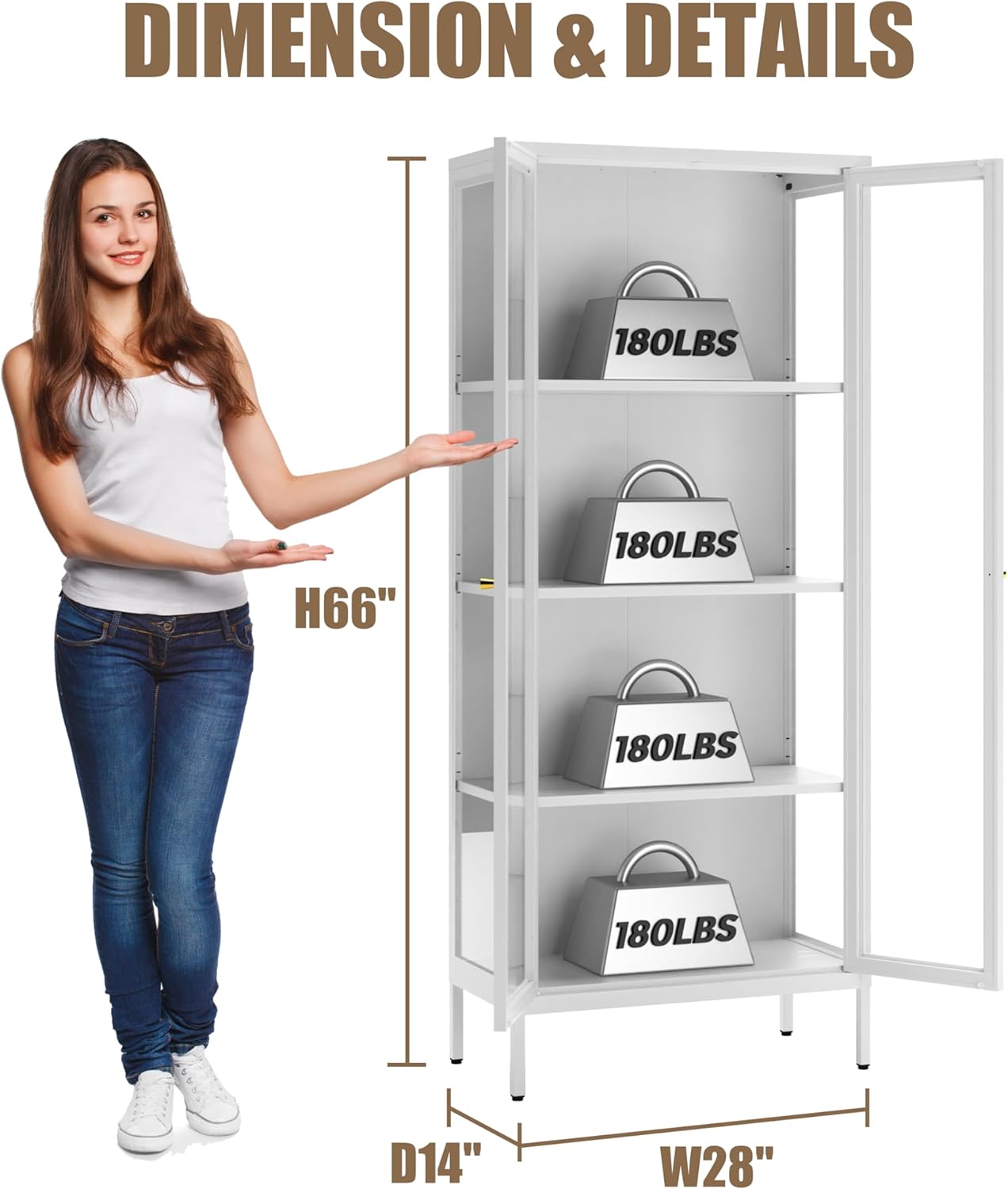 Glass Display Cabinet, 66" Tall Metal Storage Cabinet with Doors and Adjustable 3 Shelves, White Curio Glass Showcase, Pantry Storage Cabinet, Large Display Case for Living Room, Hallway, Kitchen