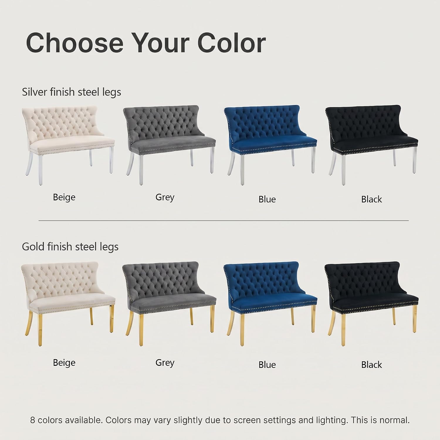 Upholstered Dining Bench with Back, Black, Gold Finish Steel Legs | Tufted Loveseat Bench with Nailhead Trim, Banquette Seating for Dining Room, Entryway