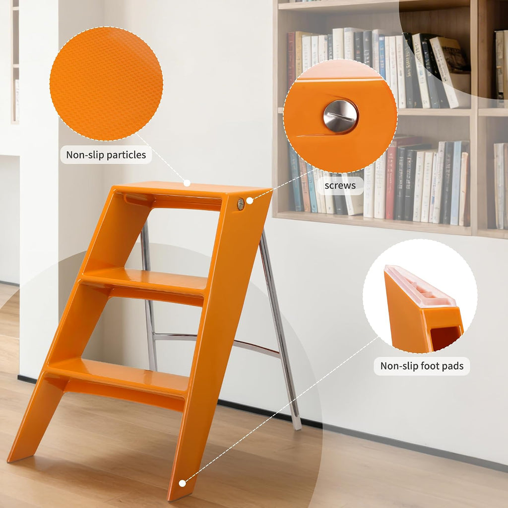 HOTEAGLE Modern Folding Chair - Multifunctional Design Doubles as Step Stool & Storage Shelf, Sturdy Engineering Plastic for Kitchen, Dining & Bistro,Orange