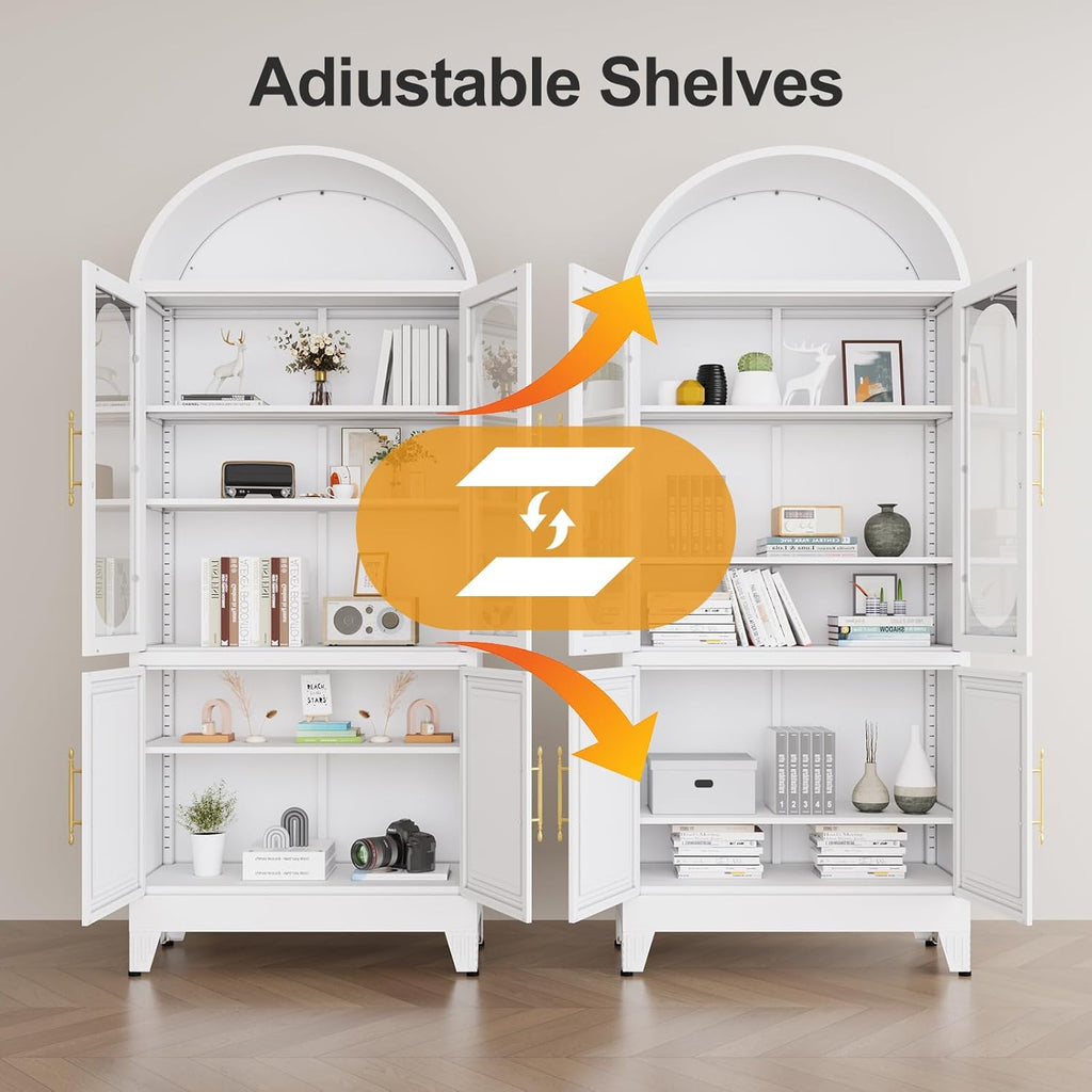 erosoei 73" H Metal Tall Arched Kitchen Pantry Cabinet, Modern Farmhouse China Storage Cabinets with Glass Door and Adjustable Shelves, Versatile Cupboard for Kitchen, Dining Room, Bathroom (White)