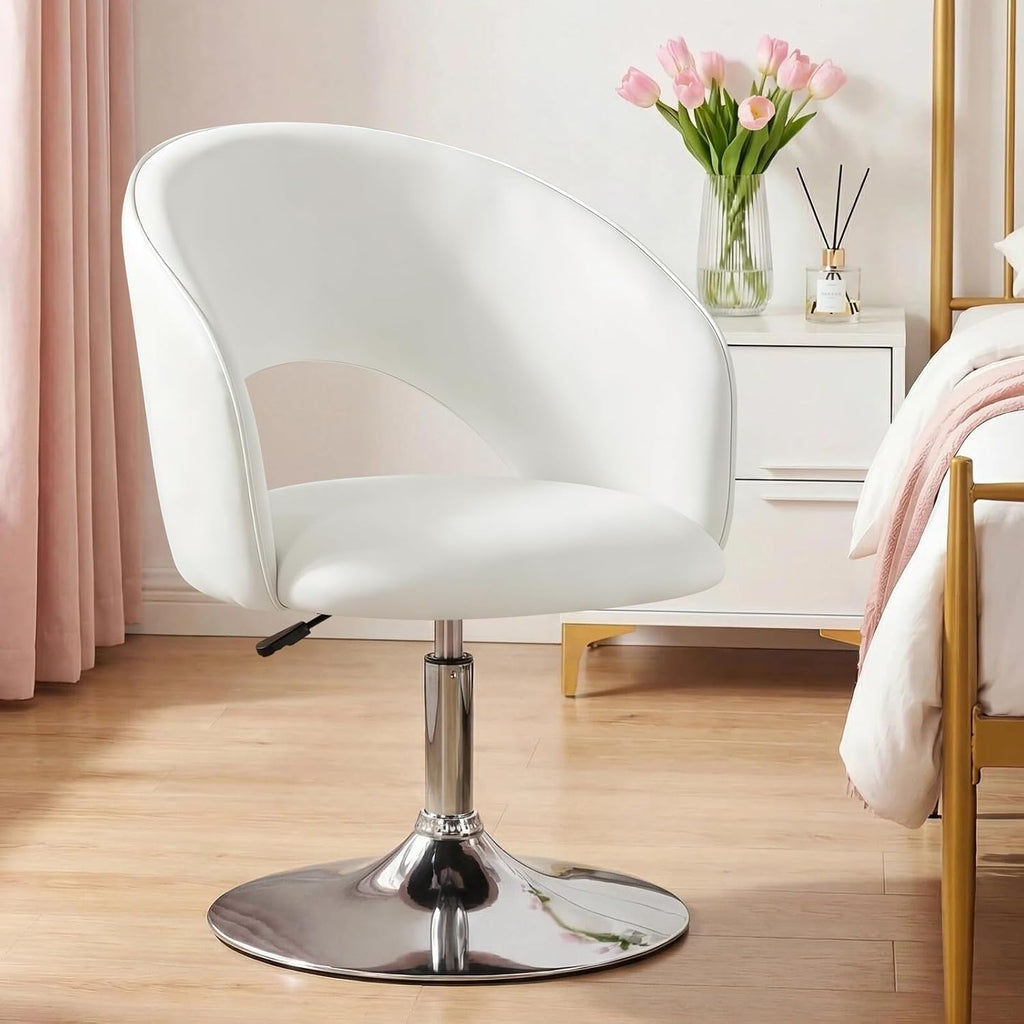 Furniliving Makeup Vanity Chair, Flexible Round-Back Accent Chair with Plated Frame, Height Adjustable Swivel Chairs for Bedroom Charming Chair, Living Room, Office, PU, White