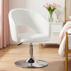 Furniliving Makeup Vanity Chair, Flexible Round-Back Accent Chair with Plated Frame, Height Adjustable Swivel Chairs for Bedroom Charming Chair, Living Room, Office, PU, White