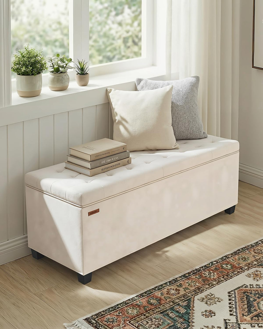 ABHENG Velvet Storage ottoman bench with legs,43.5”W x 15.7”D x 15.7”H,metal frame end of bed bench hold up to 770 LB,Large Storage Chest hold up to 770 LB,White UASND623W