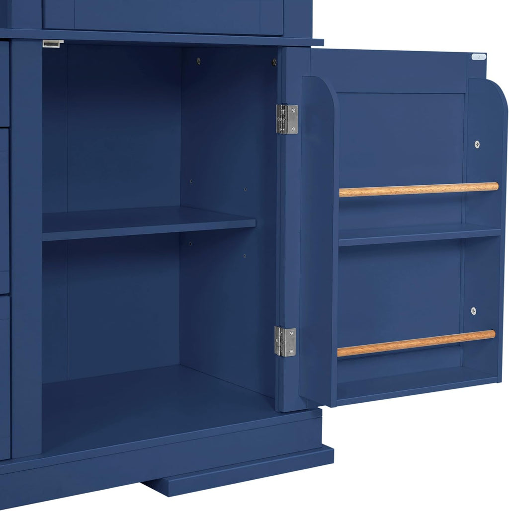 63.3" Traditional Freestanding Buffet Hutch with Storage Shelves & Organizer, Large Kitchen Pantry with Workstation (Blue17)