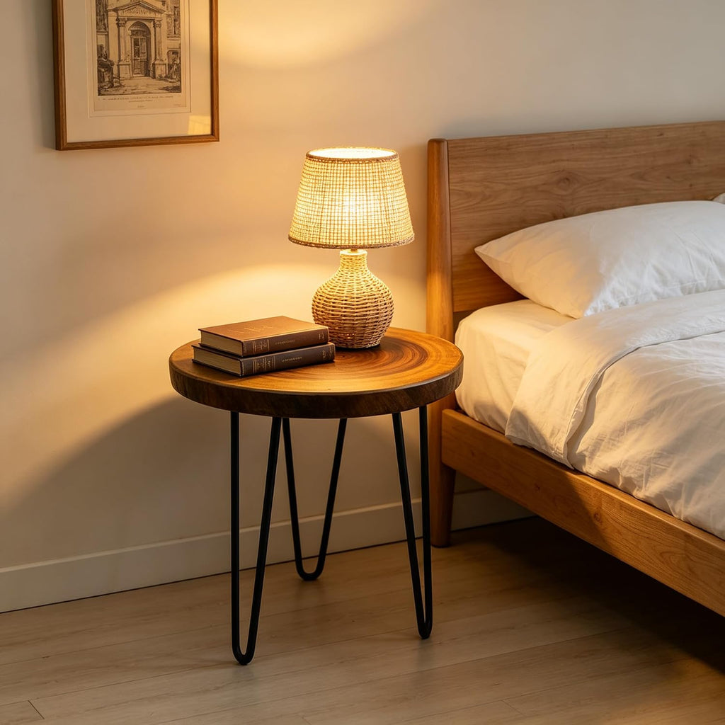 Live Edge End Table, About 15-18" W x 17" H Natural Edge Camphor Wood Stump Side Table for Living Room, Unique Desktop with Metal Hairpin Legs, Natural Wood Nightstand, Plant Stand
