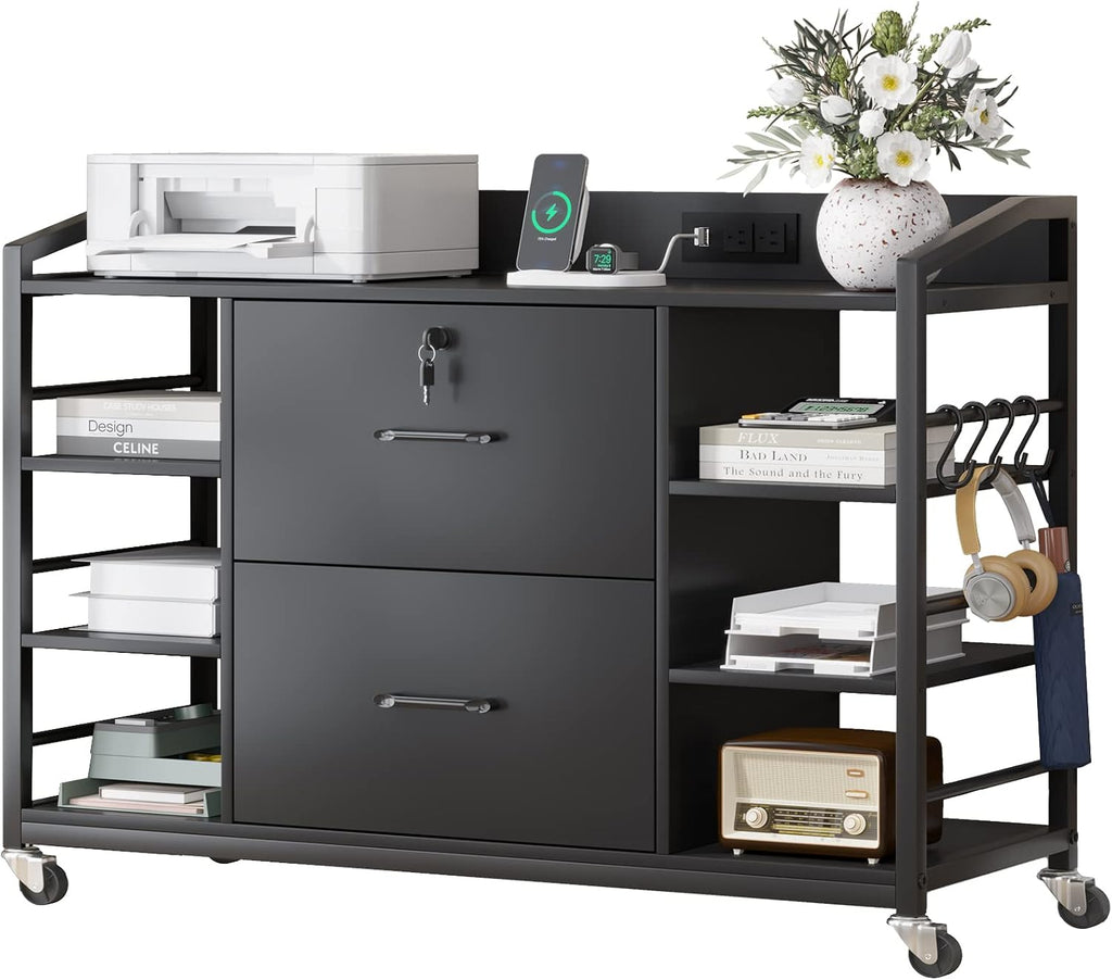 SEDETA 44" File Cabinet with Lock, Filing Cabinet fits Legal/Letter Size | Black Lateral 2 Drawer Filing Cabinets for Home Office with Lock, Power Strip, 6 Storage Shelves, Wheels and 4 Hooks