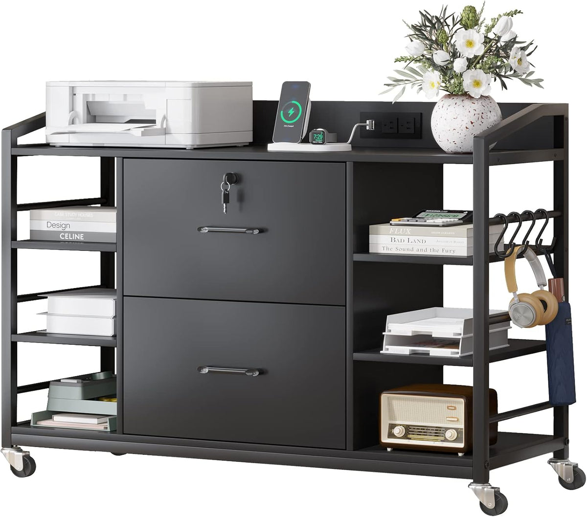 SEDETA 44" File Cabinet with Lock, Filing Cabinet fits Legal/Letter Size | Black Lateral 2 Drawer Filing Cabinets for Home Office with Lock, Power Strip, 6 Storage Shelves, Wheels and 4 Hooks