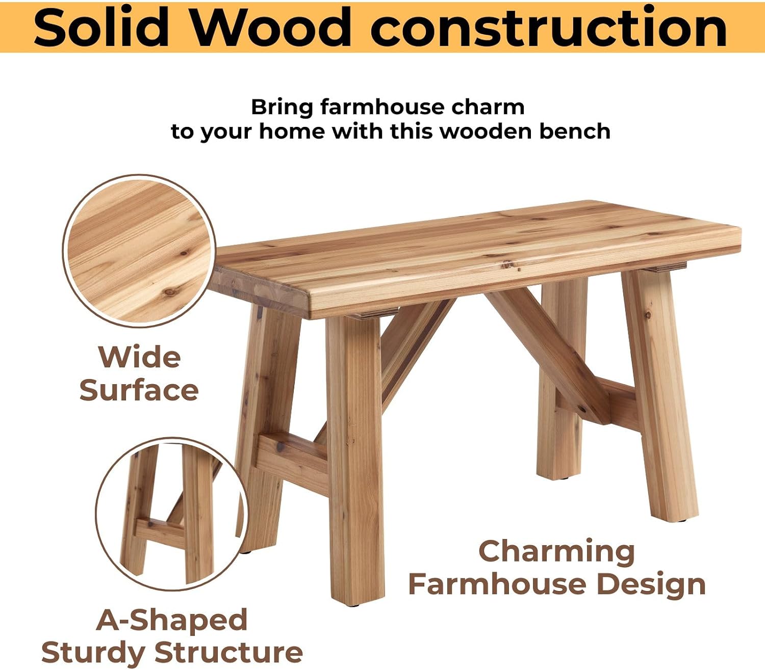 Solid Wood Entryway Bench, 30" Rustic Small Wooden Bench Narrow Farmhouse Wood Bench Seat Entry Way Bench Indoor for Living/Dining Room, Small Hallway Bench, Porch, Handcrafted, Natural