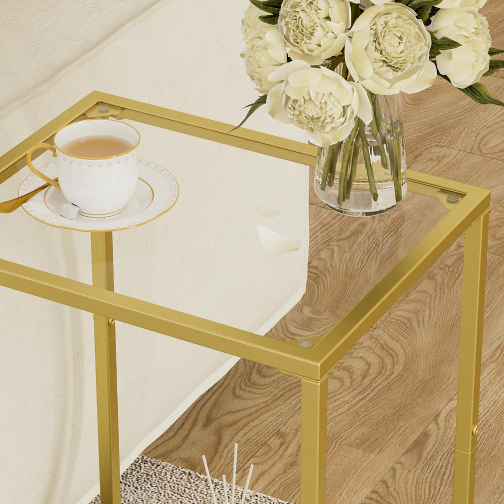 HOMSHO Side Tables Set of 2, End Tables with Tempered Glass, 2-Tier Nightstands with Storage Shelves, Coffee Table with Modern Style, Slim Sofa Table for Living Room, Bedroom, 11.8" D x 15" W, Gold