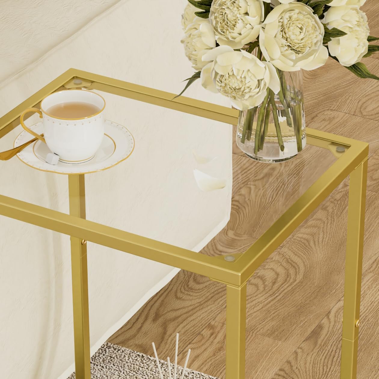 HOMSHO Side Tables Set of 2, End Tables with Tempered Glass, 2-Tier Nightstands with Storage Shelves, Coffee Table with Modern Style, Slim Sofa Table for Living Room, Bedroom, 11.8" D x 15" W, Gold