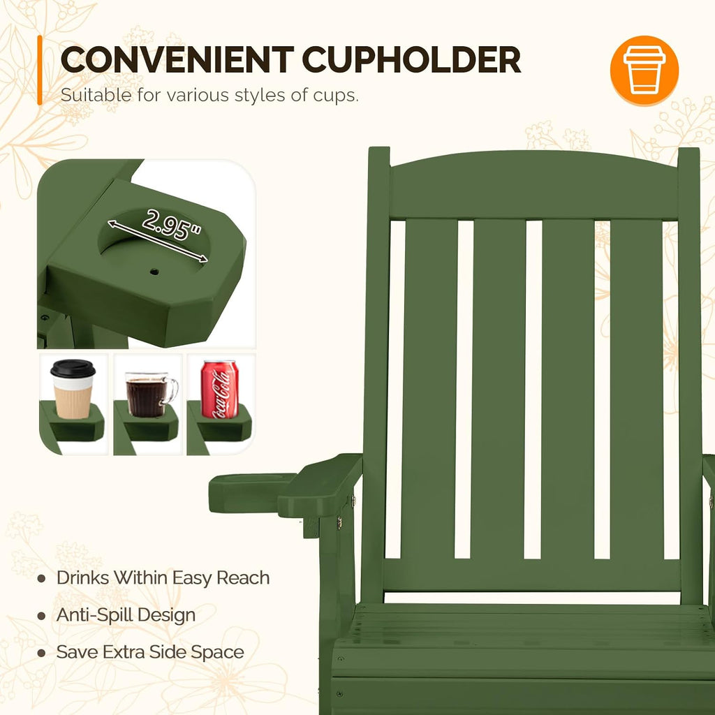 VINGLI Outdoor Glider Chair Wood Patio Glider with Cup Holder, Porch Glider with Smooth Rocking Mechanism, Heavy Duty 600 LBS, Dark Green