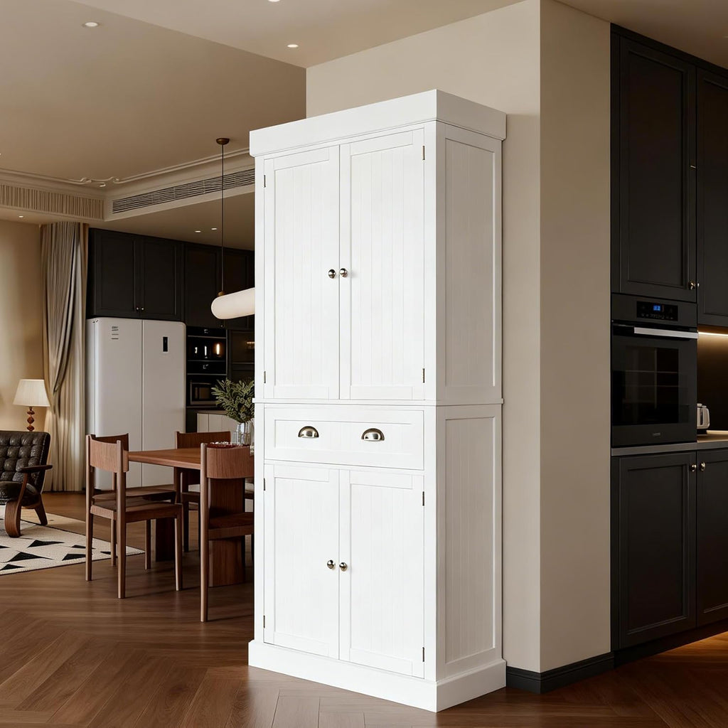 VINGLI 71-Inch White Storage Cabinets with Drawers, Freestanding Pantry Cabinets with Doors and Shelves Adjustable, Wood Farmhouse Kitchen Pantry Cupboard