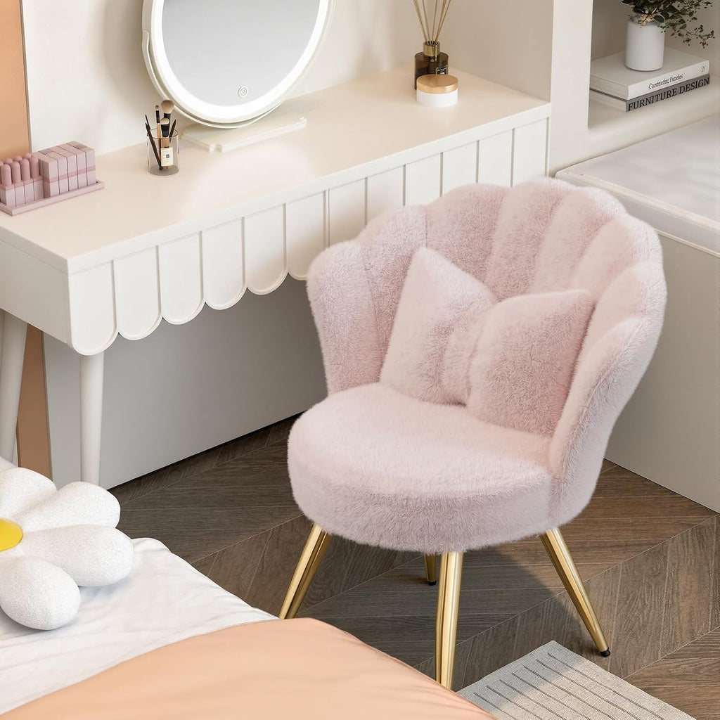 Plush Sherpa Accent Chair with Gold Metal Legs, Fluffy Vanity Chair for Makeup Room, Upholstered Guest Chair for Living Room, for Bedroom, Pink
