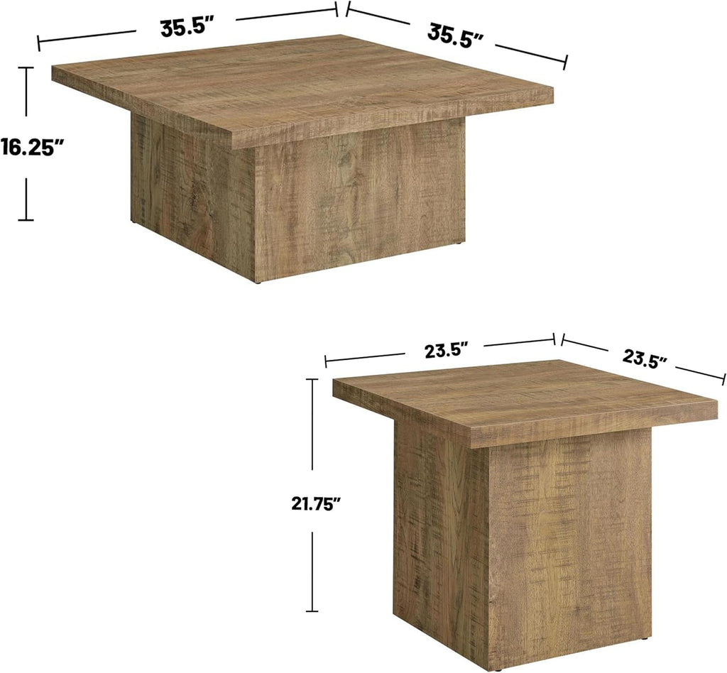 Square Coffee Table Set, End Table Set, Engineered Wood Living Room Tables, Mango Finish Laminate Veneer, Grain Look, Oversized Block Bases, 3-Piece
