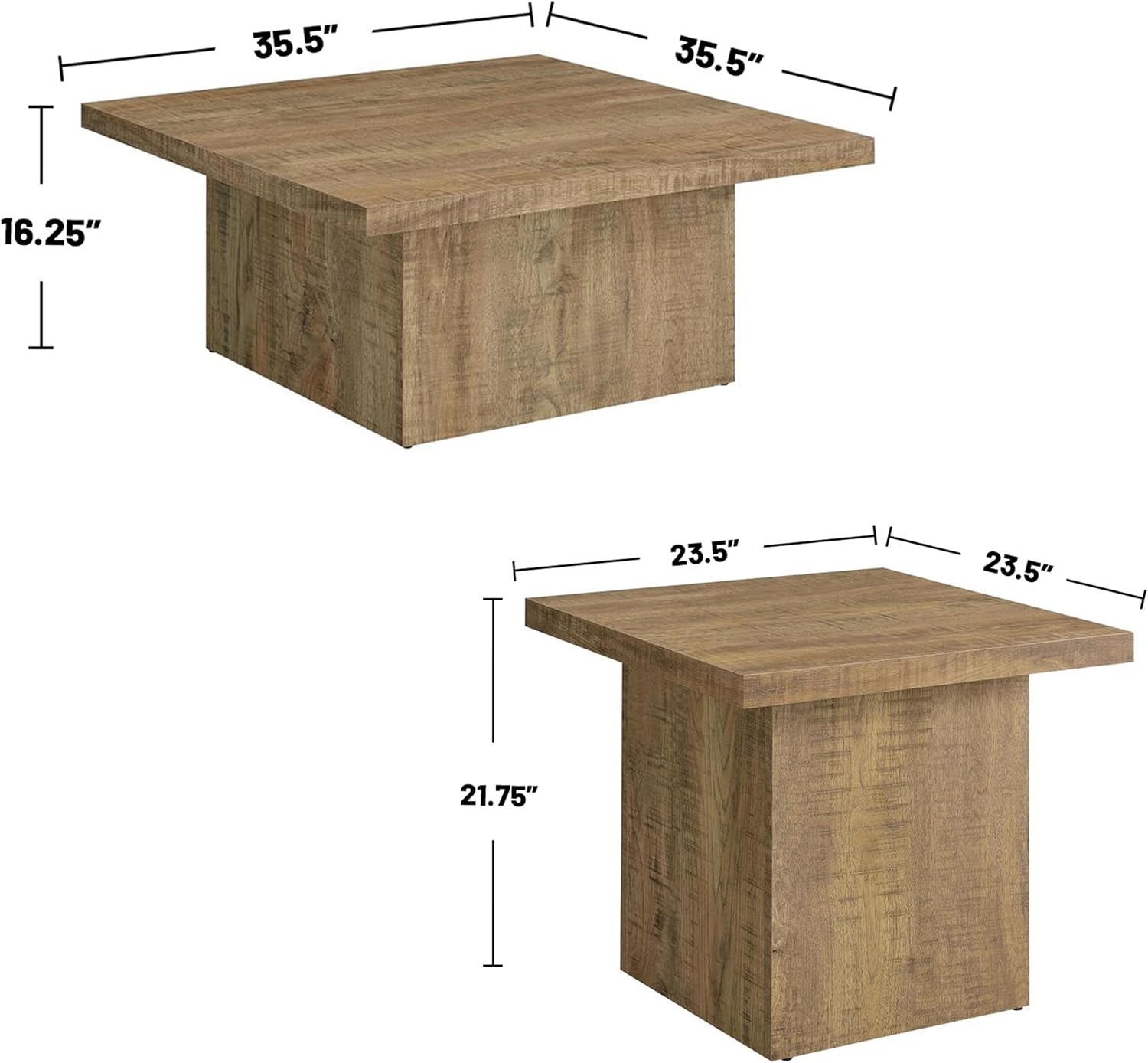 Square Coffee Table Set, End Table Set, Engineered Wood Living Room Tables, Mango Finish Laminate Veneer, Grain Look, Oversized Block Bases, 3-Piece