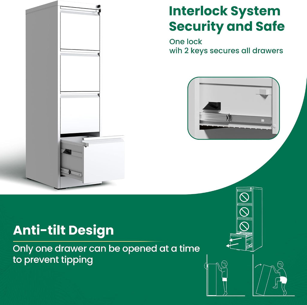 4 Drawer File Cabinet with Lock, Metal Vertical Filing Cabinet, Filing Cabinets for Home Office, Locking File Cabinet Hanging Files for A4/ Legal/Letter, Require Assembly, White