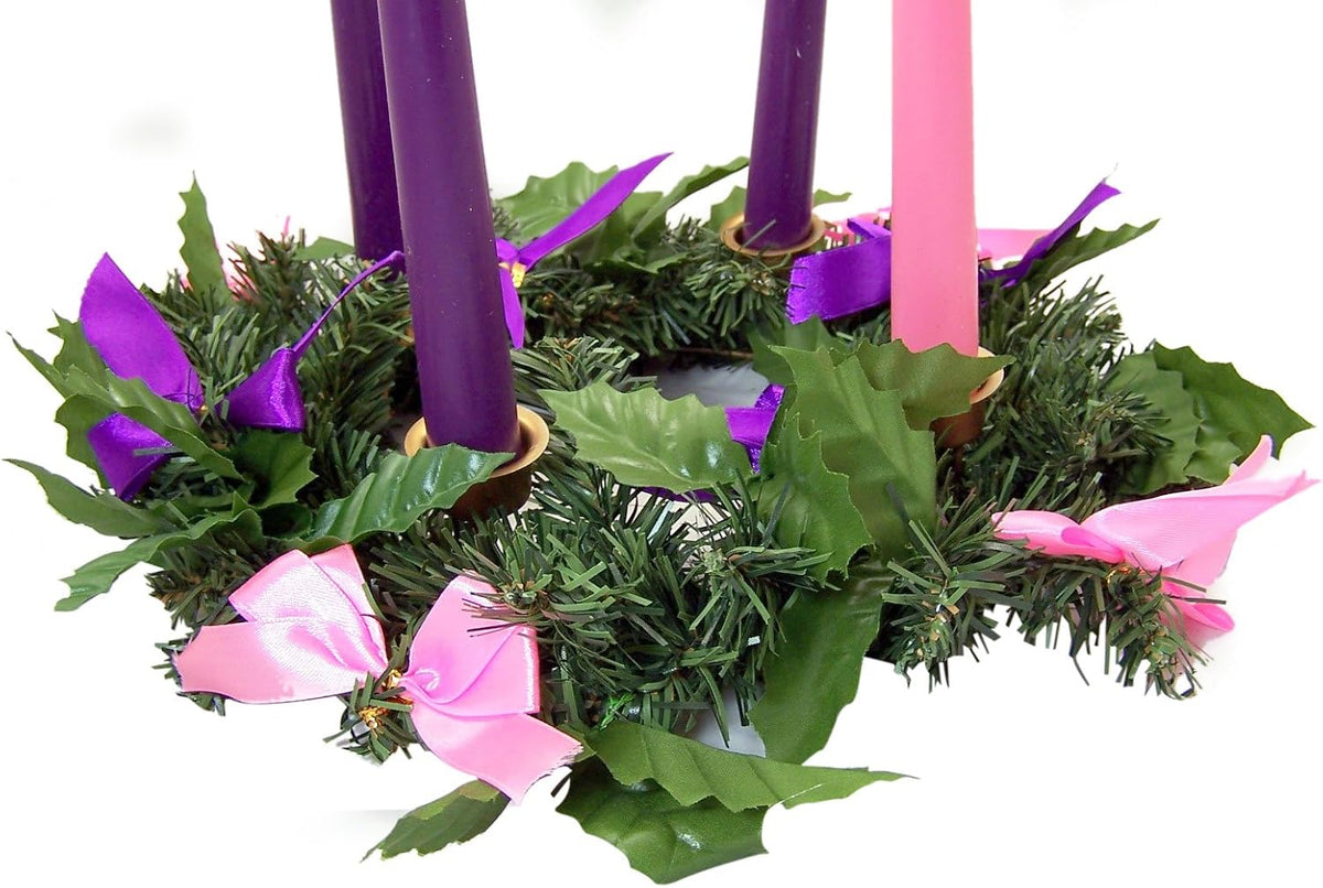 Religious Gifts - Christmas Centerpiece Advent Wreath Candle Holder with Silk Ribbon, 10 Inch