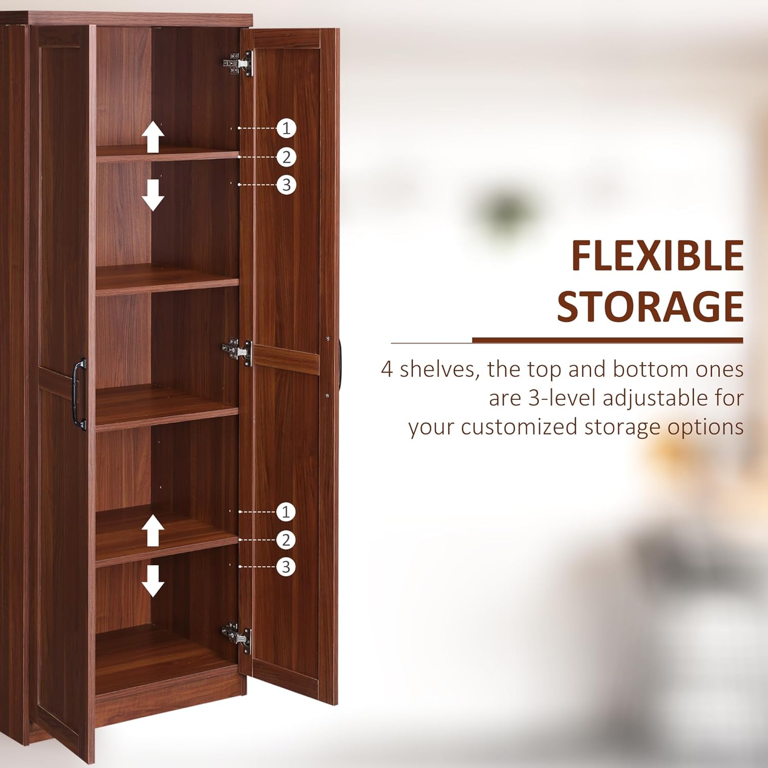 63" 2-Door Kitchen Pantry, Freestanding Storage Cabinet with 5-Tier Shelving and 2 Adjustable Shelves for Dining Room, Brown