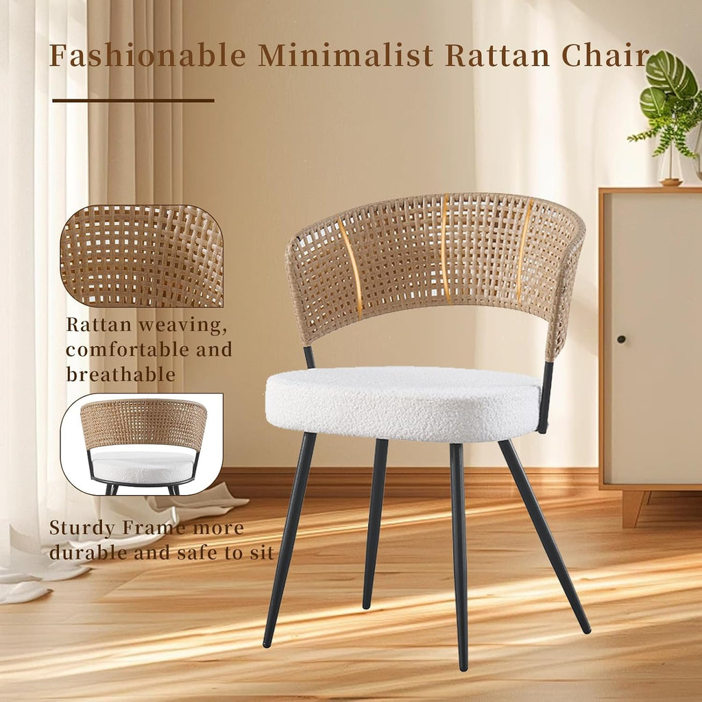 Rattan Dining Chairs Set of 4,Farmhouse Upholstered Teddy Cushion with PE Cane Round Back Kitchen Chair,Mid Century Modern Dining Room Chair with Black Metal for Kitchen,White