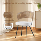 Rattan Dining Chairs Set of 4,Farmhouse Upholstered Teddy Cushion with PE Cane Round Back Kitchen Chair,Mid Century Modern Dining Room Chair with Black Metal for Kitchen,White
