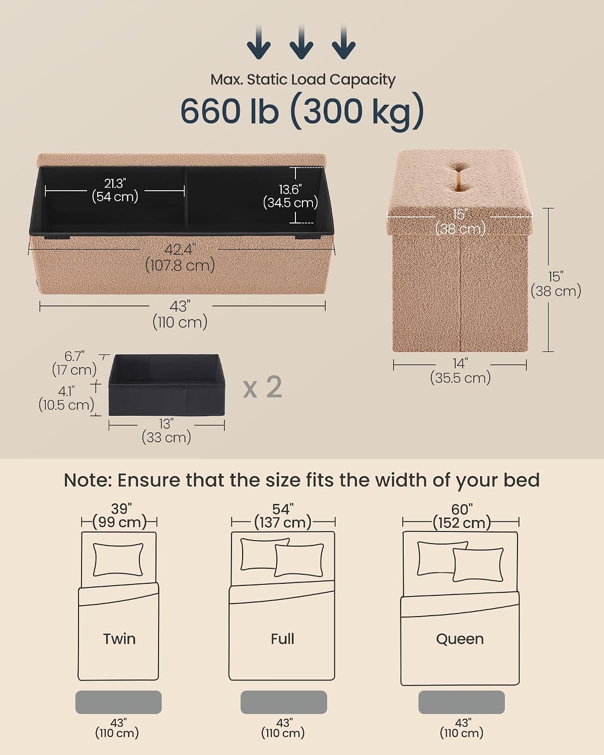 SONGMICS Large Folding Storage Ottoman Bench, 15 x 43 x 15 Inches | Foot Rest Stool, Load up to 660 lb, Tan and Ink Camel Brown, MINOTA Collection ULSF097K01