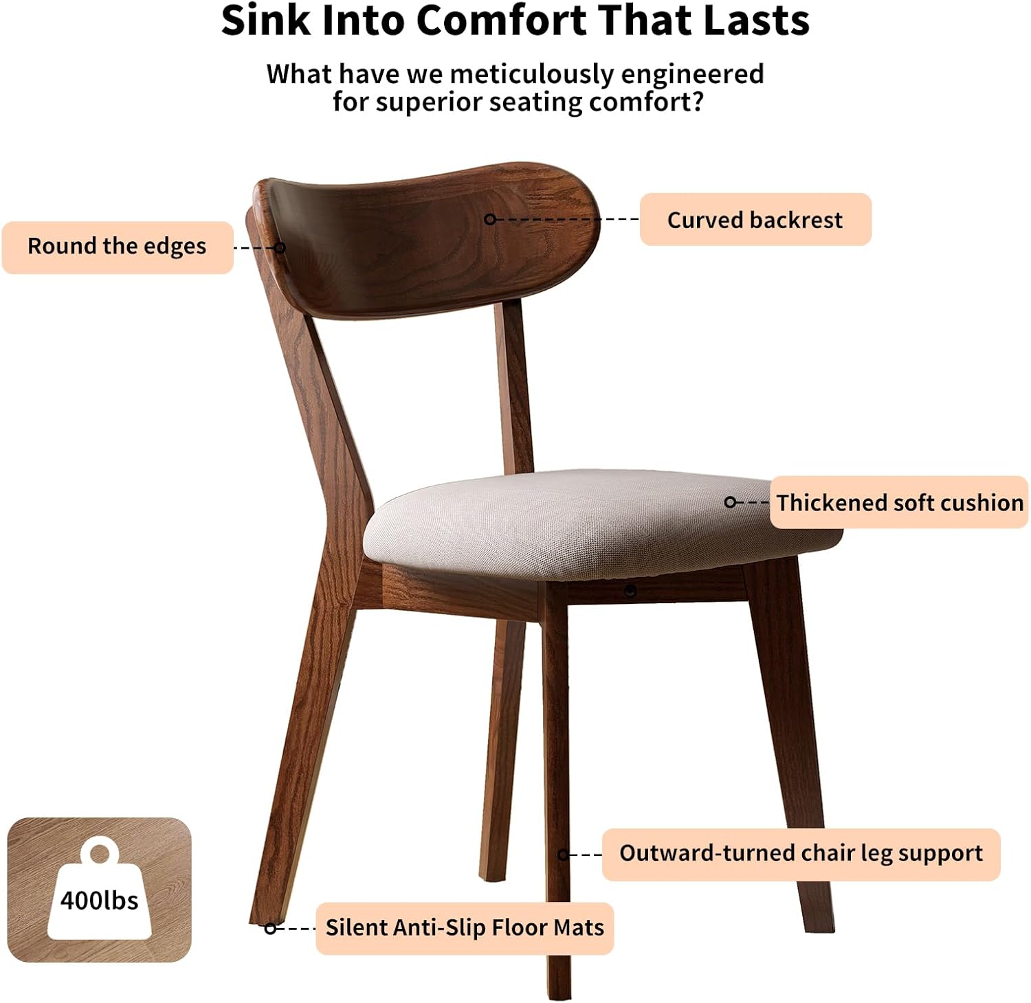 Mid Century Modern Walnut Dining Chairs Set of 4, FAS-Grade Oak, 400 lbs | Heavy-Duty Commercial Grade, Armless, Solid Curved Back, Smoked Brown Upholstered Seat, for Kitchen, Dining Room, Restaurant