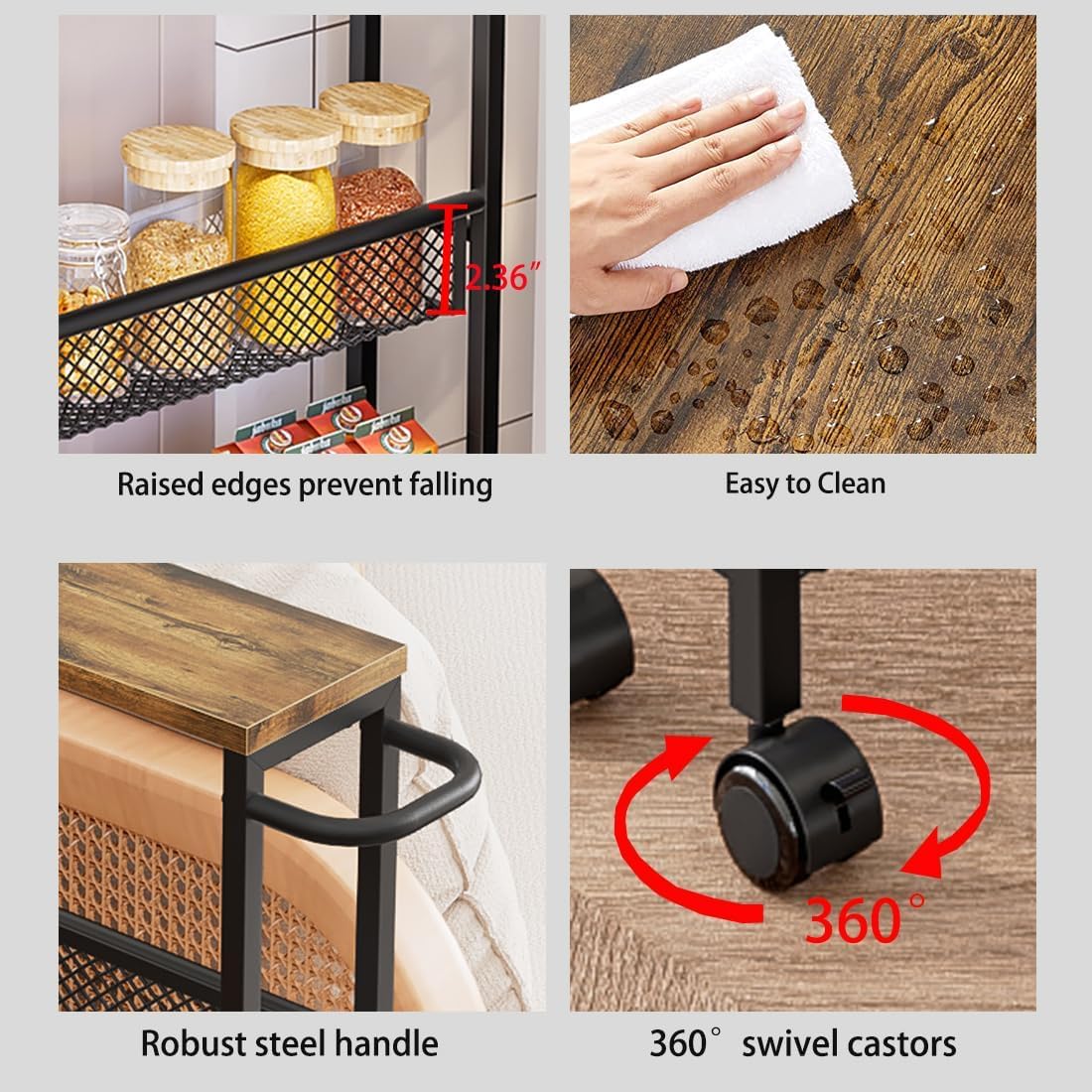 AZERPIAN Slim Rolling Cart 5 Tier Narrow Storage Cart on Wheels with Handle | Lockable Wheels, Wood Top Panel, Metal Frame Utility Carts for Kitchen, Dining, Living, Home Office, Laundry Room