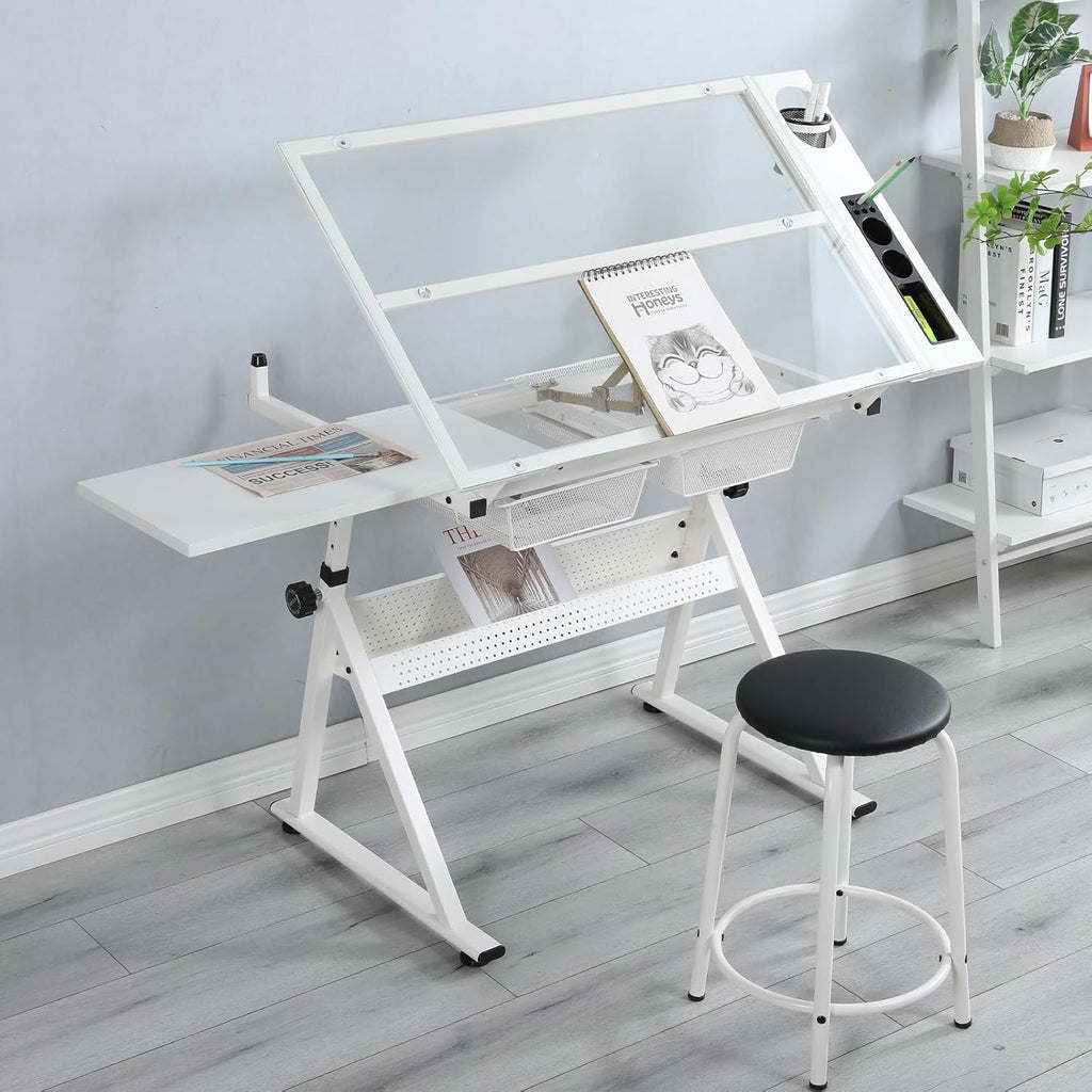Drafting Table with Stool, Height Adjustable Art Desk with Tilting Tempered Glass Tabletop, Expansion Board, and Multi-Storage, Drawing Table for Studio, Artists, Home Office, Painters, White