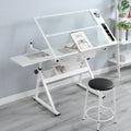 Drafting Table with Stool, Height Adjustable Art Desk with Tilting Tempered Glass Tabletop, Expansion Board, and Multi-Storage, Drawing Table for Studio, Artists, Home Office, Painters, White