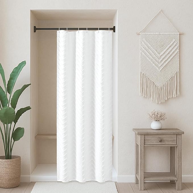 Small Stall White Boho Fabric Shower Curtain, 36x72 Half Size, Textured Tufted Chevron Striped Minimalist Cloth Bathroom Shower Curtain