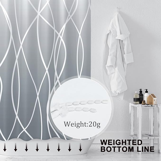 Punkray Ombre Grey Shower Curtain for Bathroom with Hooks, White Shower Curtain Set, Stripe Bath Curtains Decorative Shower Curtains Water Repellent Washable, 72 x 72