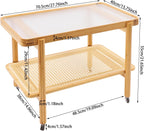 Bamboo Rattan End Table with Wheels, 2 Tier Modern Coffee Table Couch Side Table Utility Rolling Cart Glass Tabletop Snack Table for Balcony Living Room Bedroom