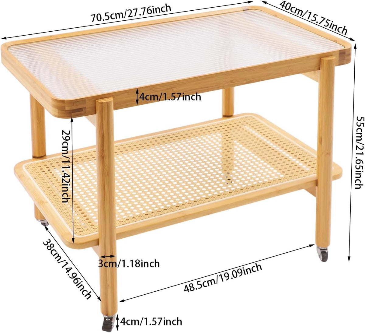 Bamboo Rattan End Table with Wheels, 2 Tier Modern Coffee Table Couch Side Table Utility Rolling Cart Glass Tabletop Snack Table for Balcony Living Room Bedroom
