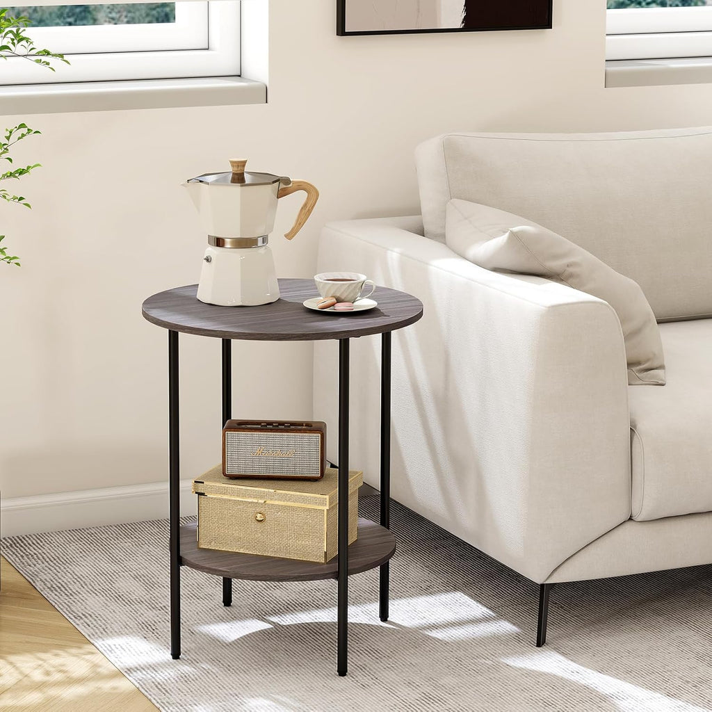 Side Table,Round End Table with 2 Storage Shelves| Compact Side Tables for Living Room, Couch, Office & Bedroom | Narrow Accent Table as Space-Saving Small Bedside Table 18x18x22in (Grey)