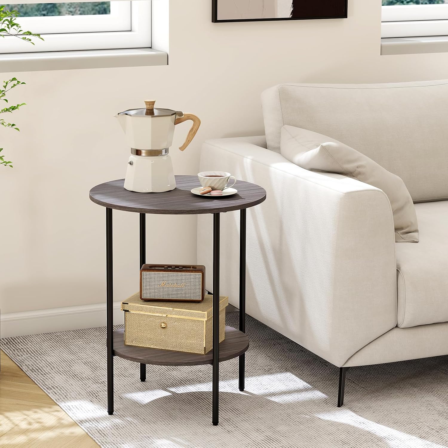 Side Table,Round End Table with 2 Storage Shelves| Compact Side Tables for Living Room, Couch, Office & Bedroom | Narrow Accent Table as Space-Saving Small Bedside Table 18x18x22in (Grey)