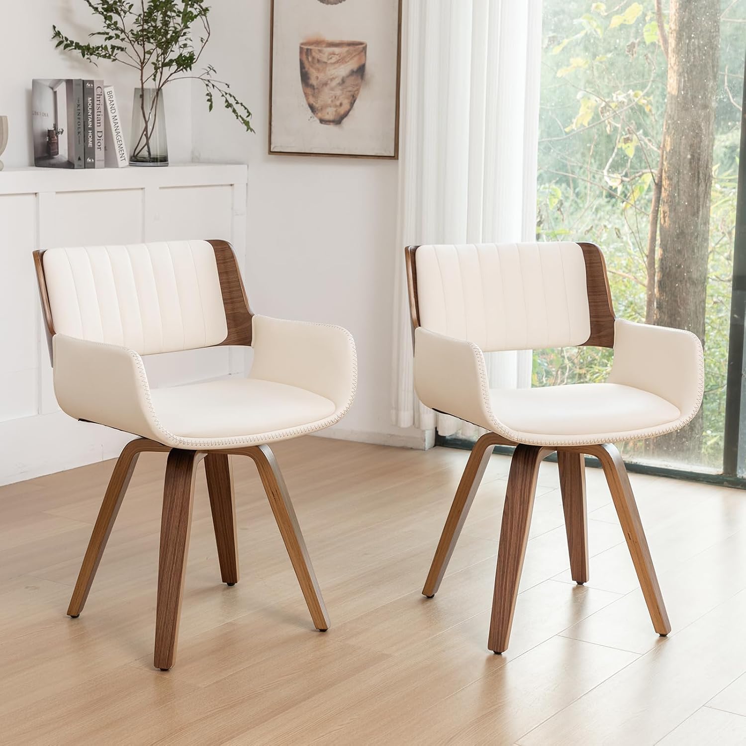 LUNLING Swivel Accent Faux Leather Dining Chairs Set of 4,Mid Century Modern Chairs with Wooden Legs/Armrest/Upholstered Seat/Adjustable Foots for Kitchen Dining Room Desk Chairs,Beige